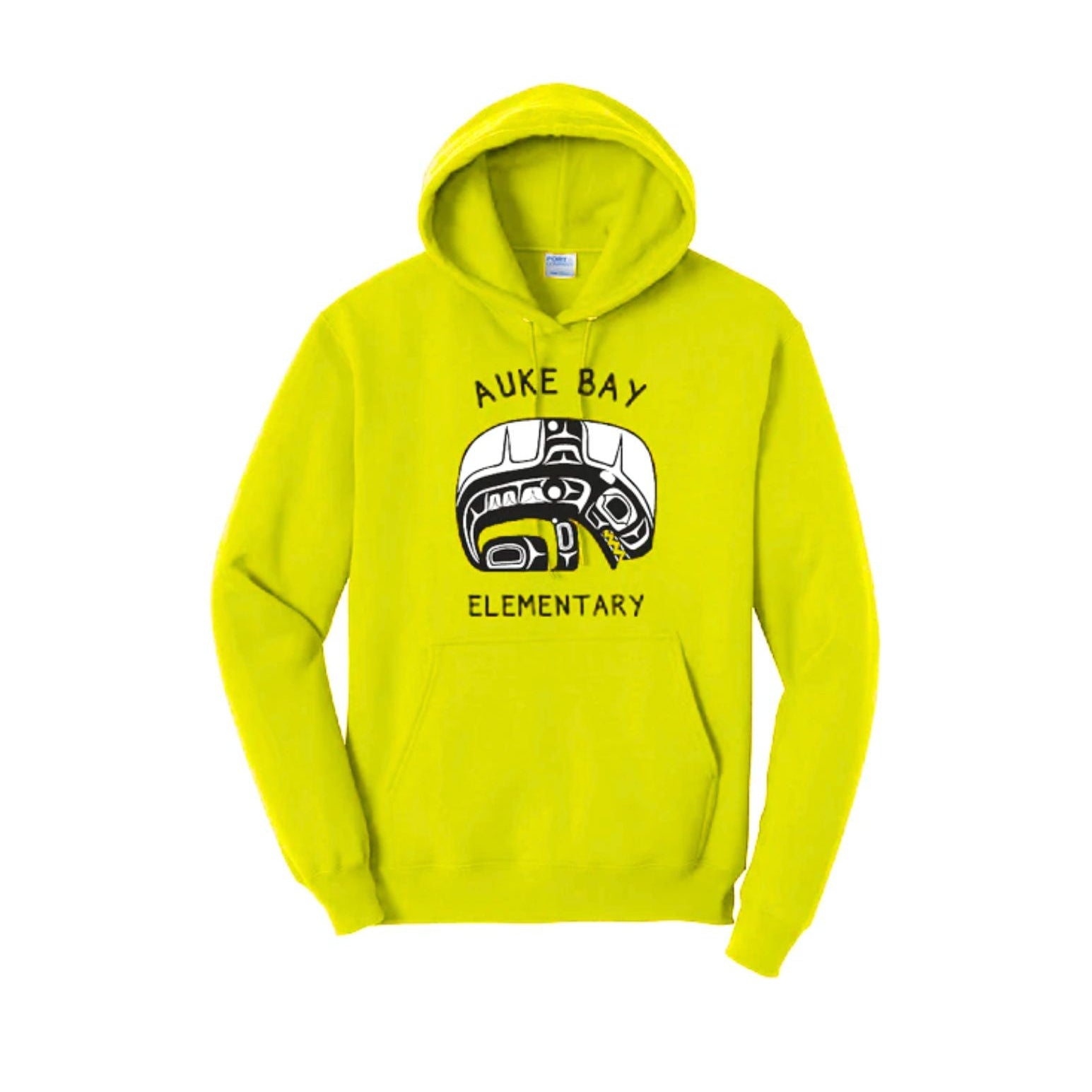 Yellow hoodie with 'Auke Bay Elementary' text and design on a white background