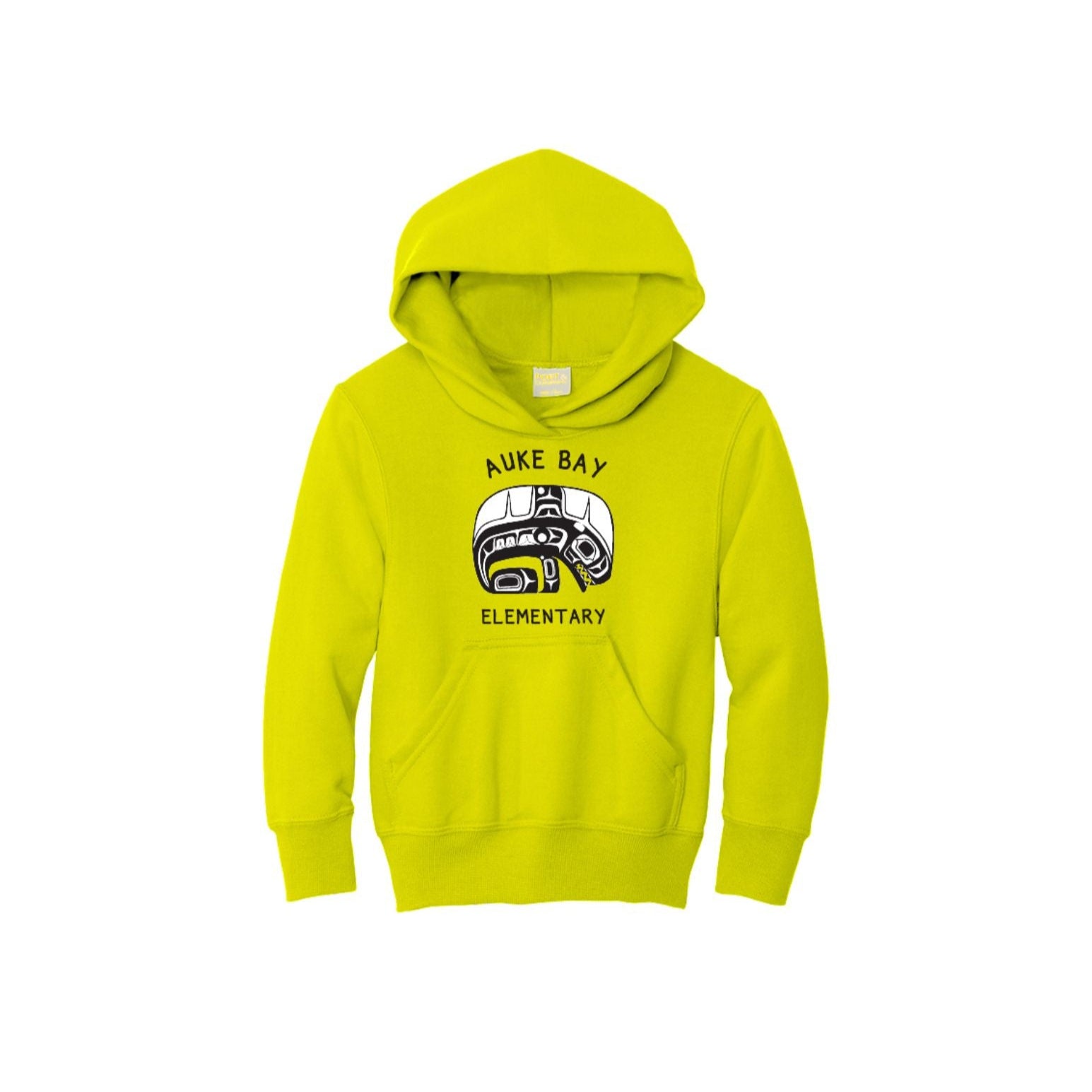 Yellow hoodie with 'Auke Bay Elementary' logo on a white background