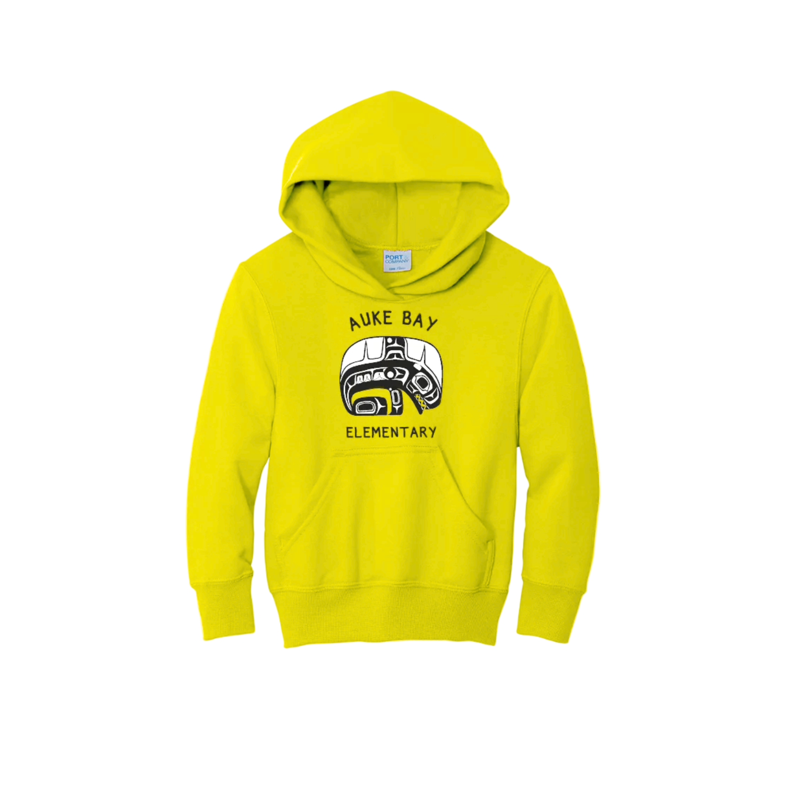 Yellow hoodie with a logo and text on a white background
