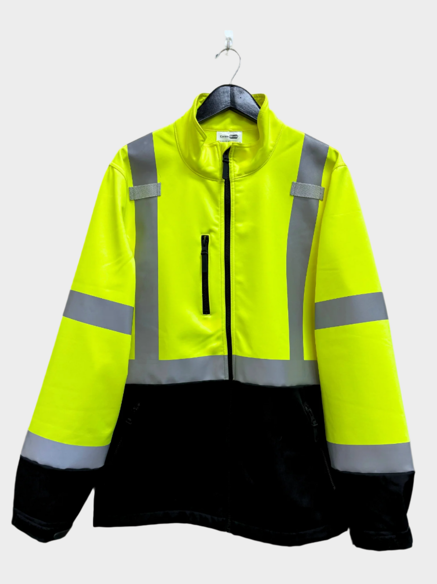 Mens softshell in high visibility green and black with reflective strips