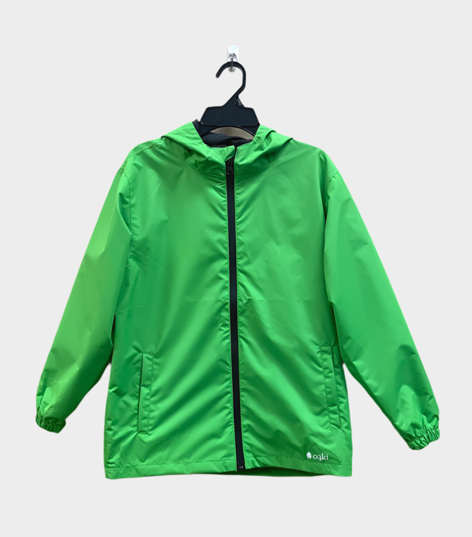 Kids rain shell with hood and a front pocket each side. Shown in green