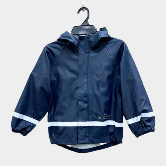 kids solid dark blue PU rain jacket with hood and with reflective strip across wrists and bottom seam. Storm flap over zipper. Elastic waist and wrists. 