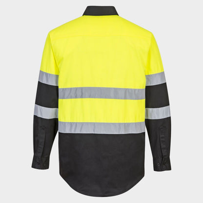 A long sleeve collared shirt with high visibility yellow on top half, and black on bottom. Two horizontal stripes across midline. Back image.