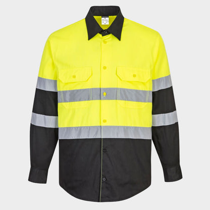 A long sleeve collared shirt with high visibility yellow on top half, and black on bottom. Two horizontal stripes across midline. 