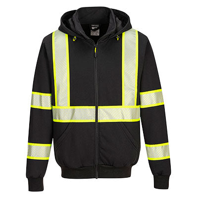 Black safety jacket with reflective yellow stripes on a white background