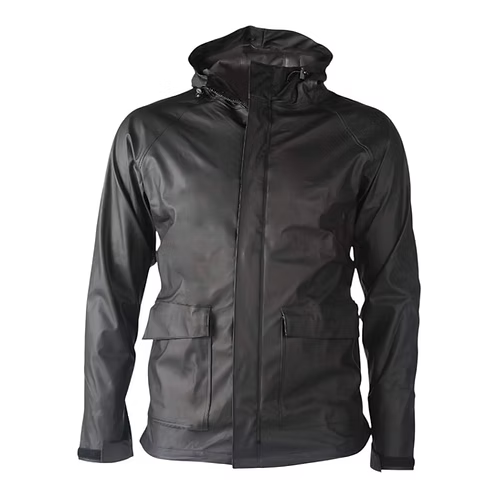 Black raincoat with a hood on a white background