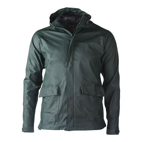 Green raincoat with a hood on a white background