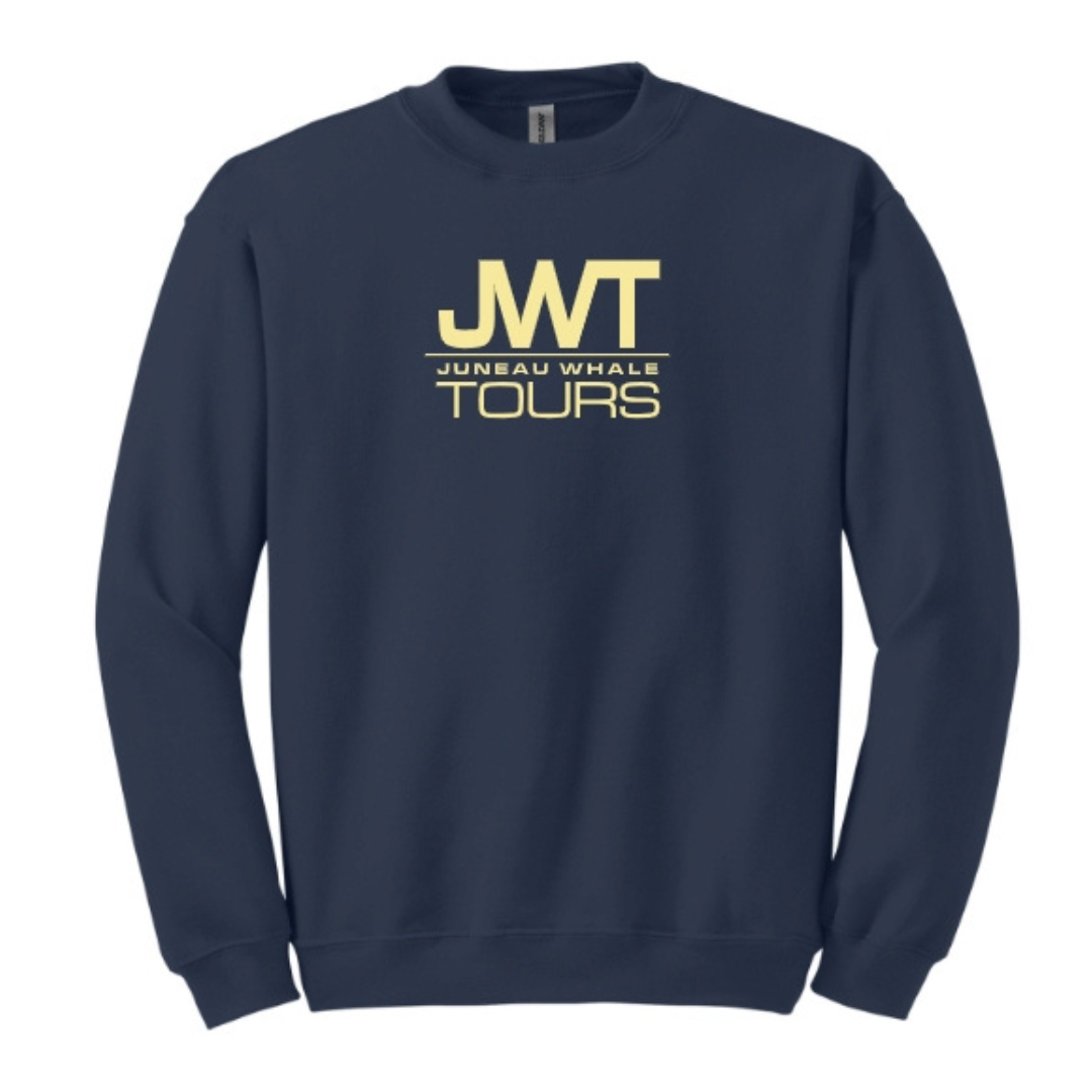 Navy blue sweatshirt with 'JWT Juneau Whale Tours' text on a white background