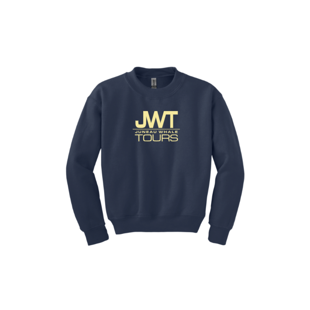 Navy blue sweatshirt with yellow text 'JWT Juneau Whale Tours' on a white background