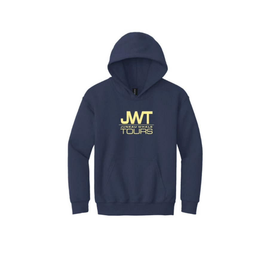 Navy hoodie with yellow text on a white background