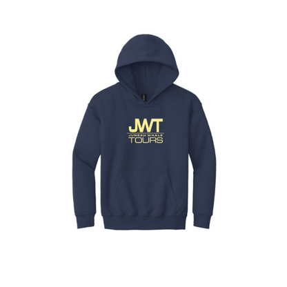 Navy hoodie with yellow text on a white background
