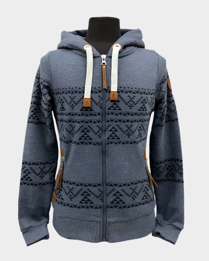 Womens full zip hoodie navy blue with geometric pattern in stripes. Leather detail on pockets and zippers. Ribbed wrist cuffz and bottom hem.