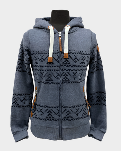 Womens full zip hoodie navy blue with geometric pattern in stripes. Leather detail on pockets and zippers. Ribbed wrist cuffz and bottom hem.