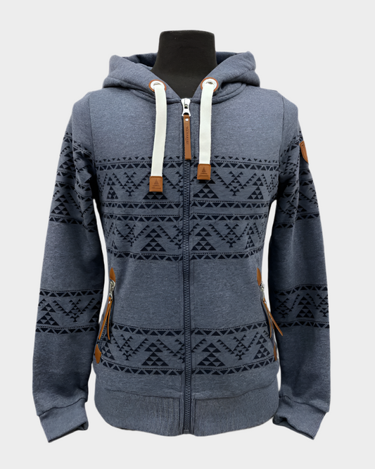 Womens full zip hoodie navy blue with geometric pattern in stripes. Leather detail on pockets and zippers. Ribbed wrist cuffz and bottom hem.