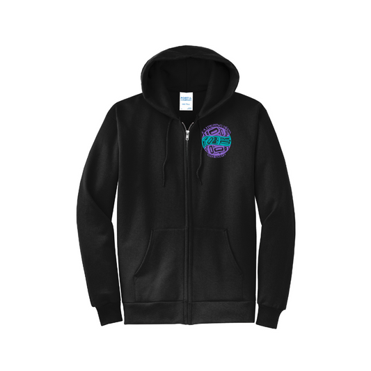 Black adult full zip hoodie with a colorful logo left chest