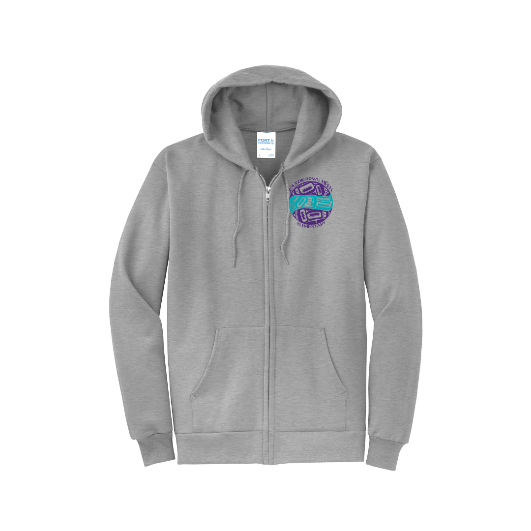 Grey adult full zip hoodie with a colorful logo left chest