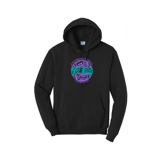 Black adult hoodie with KHE full front print