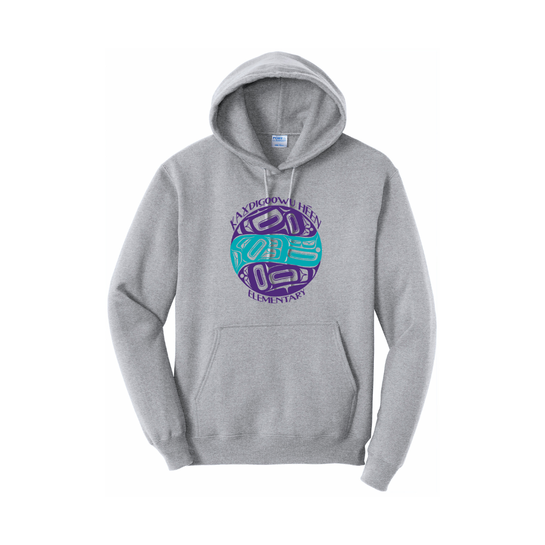 Grey adult hoodie with KHE full front print