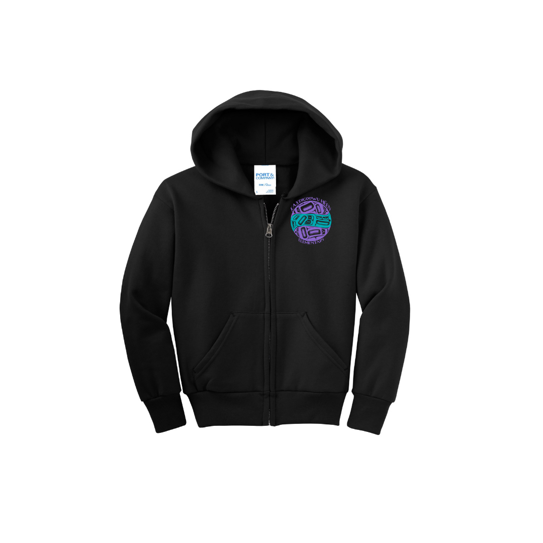 Black youth full zip hoodie with a colorful logo left chest