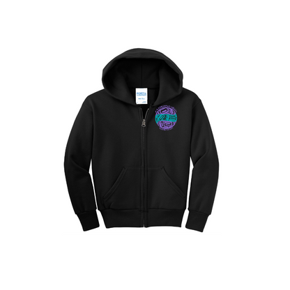 Black youth full zip hoodie with a colorful logo left chest