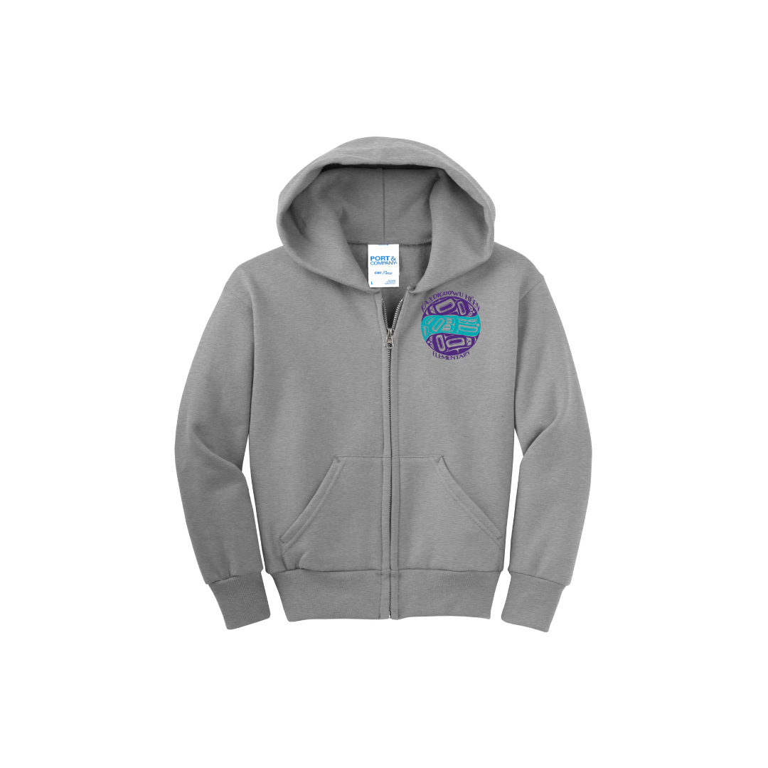 Grey youth full zip hoodie with a colorful logo left chest