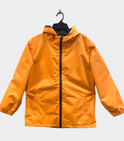 Kids rain shell with hood and a front pocket each side. Shown in orange