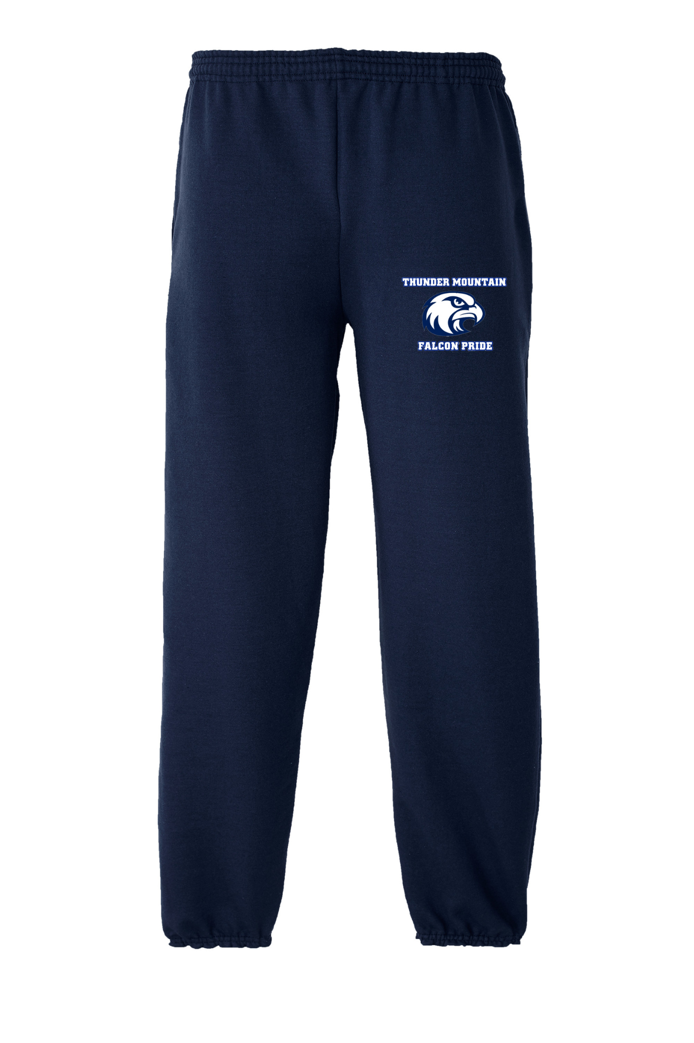 Navy blue sweatpants with a small logo on the left leg, featuring an elastic waistband with drawcord.