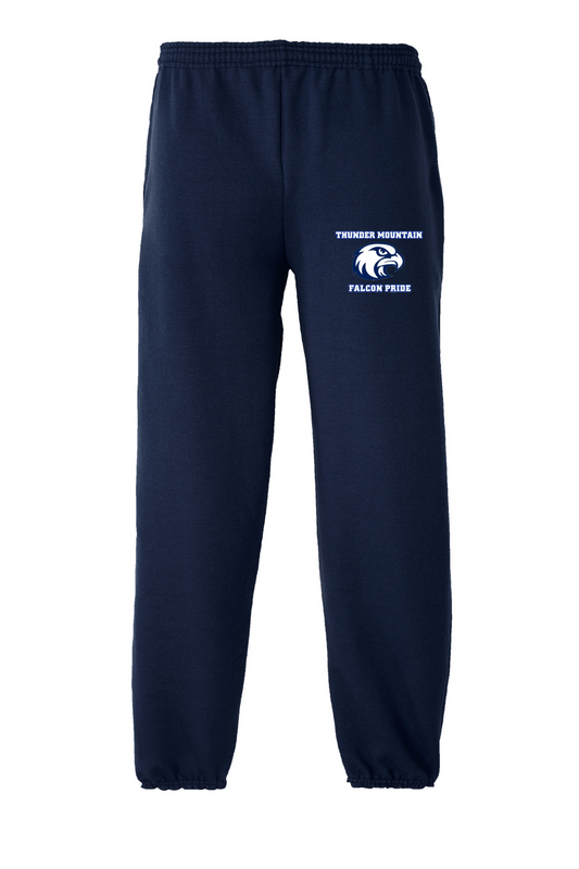 Navy blue sweatpants with a small logo on the left leg, featuring an elastic waistband with drawcord.