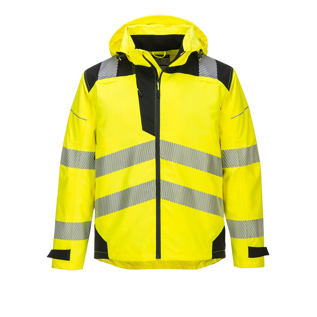 Yellow safety jacket with reflective stripes on a white background
