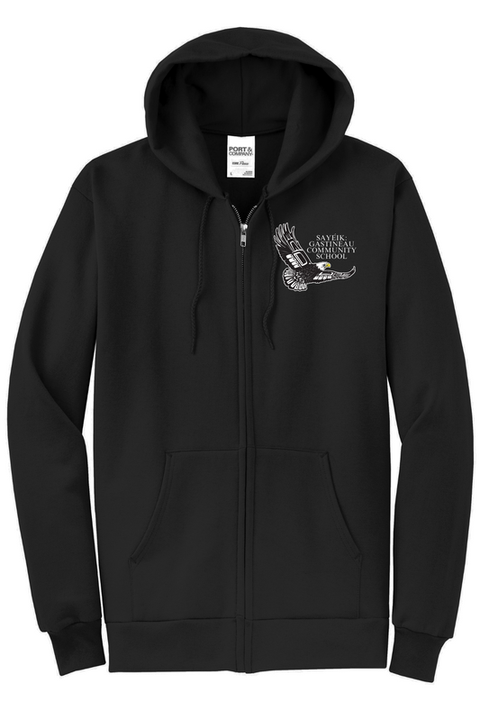 A black adult full zip hoodie with a full left chest print 'Sayeik Gastineau Community School'