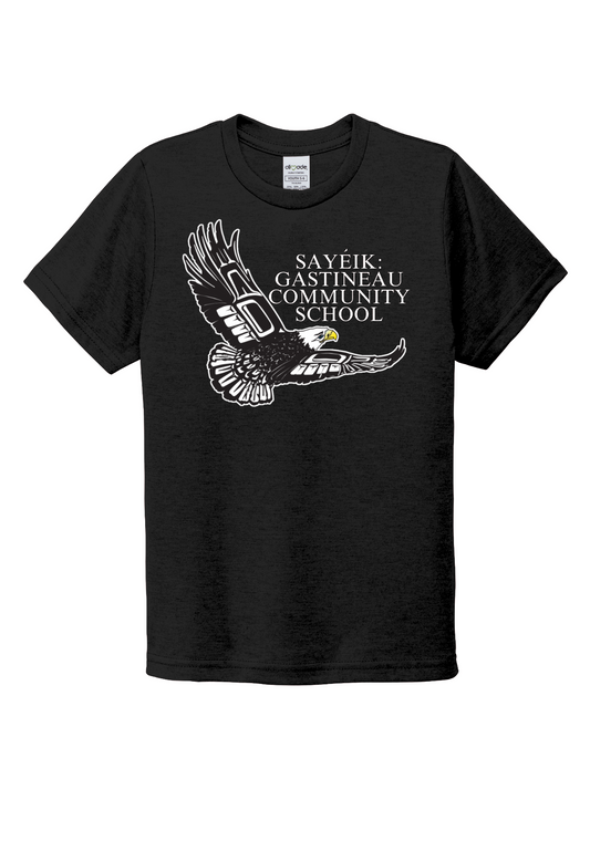 A black youth short sleeve t shirt with a full chest print 'Sayeik Gastineau Community School'