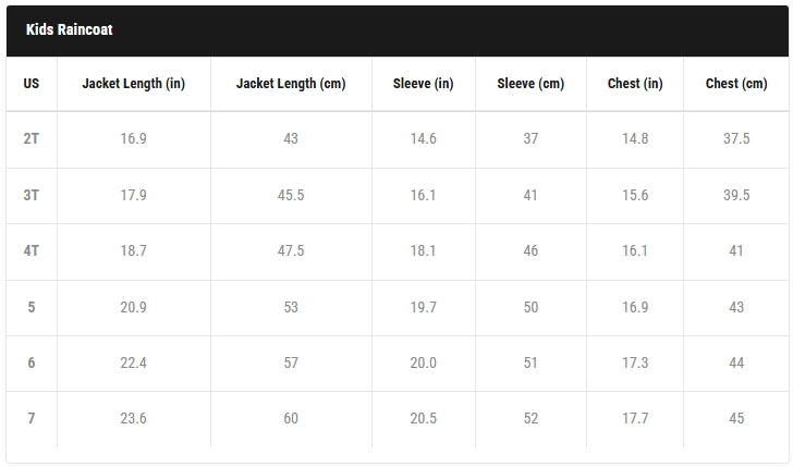 A size chart table for kids raincoats showing measurements by US size from 2T to 7, with columns for jacket length in inches and centimeters, sleeve length in inches and centimeters, chest in inches, and chest in centimeters.