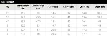 Table showing measurements of kids raincoat sizes in inches and centimeters