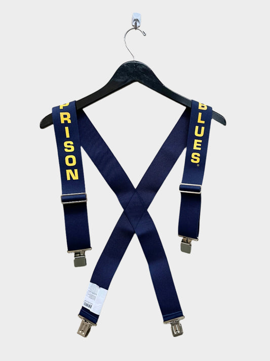 X back navy blue suspenders with yellow lettering and gator clips