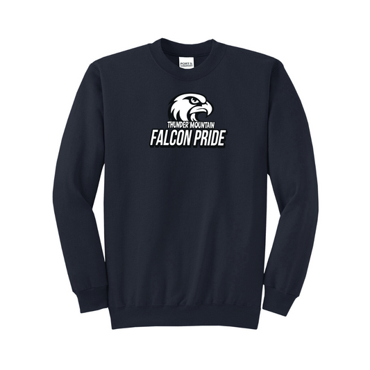 A navy adult crew neck sweater with black and white 'FALCON PRIDE' text and a falcon above the text printed on the chest.