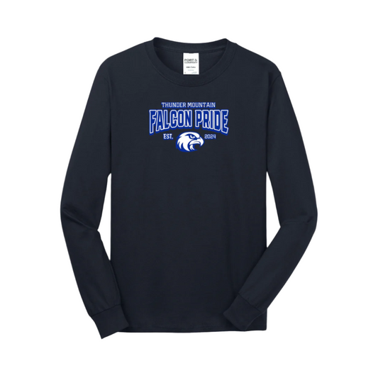 Black long sleeve adult t-shirt with blue 'Falcon Pride' text and a falcon logo above the text.