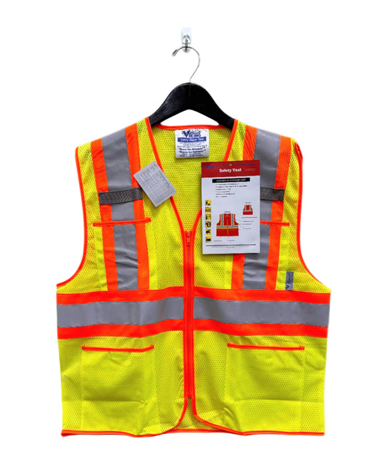 Mens safety work vest in high visibility green with orange striping and reflective tape. Four front pockets. 
