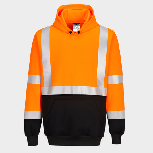 A orange pullover hoodie with a black bottom half and reflective stripes