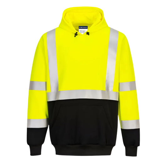 A yellow pullover hoodie with a black bottom half and reflective stripes