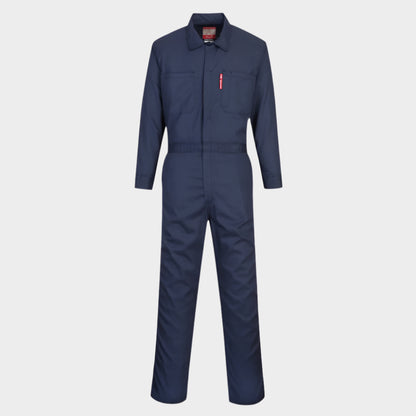 Navy coverall with two chest pockets and a collar, front view.
