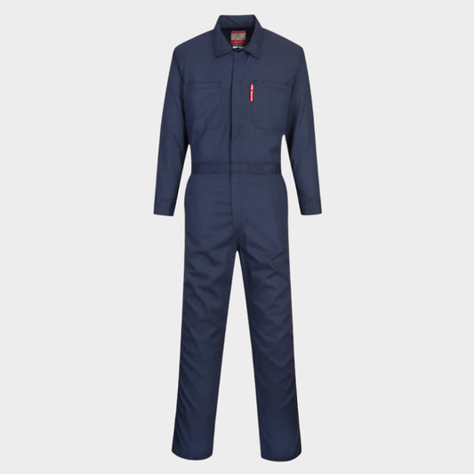 Navy coverall with two chest pockets and a collar, front view.