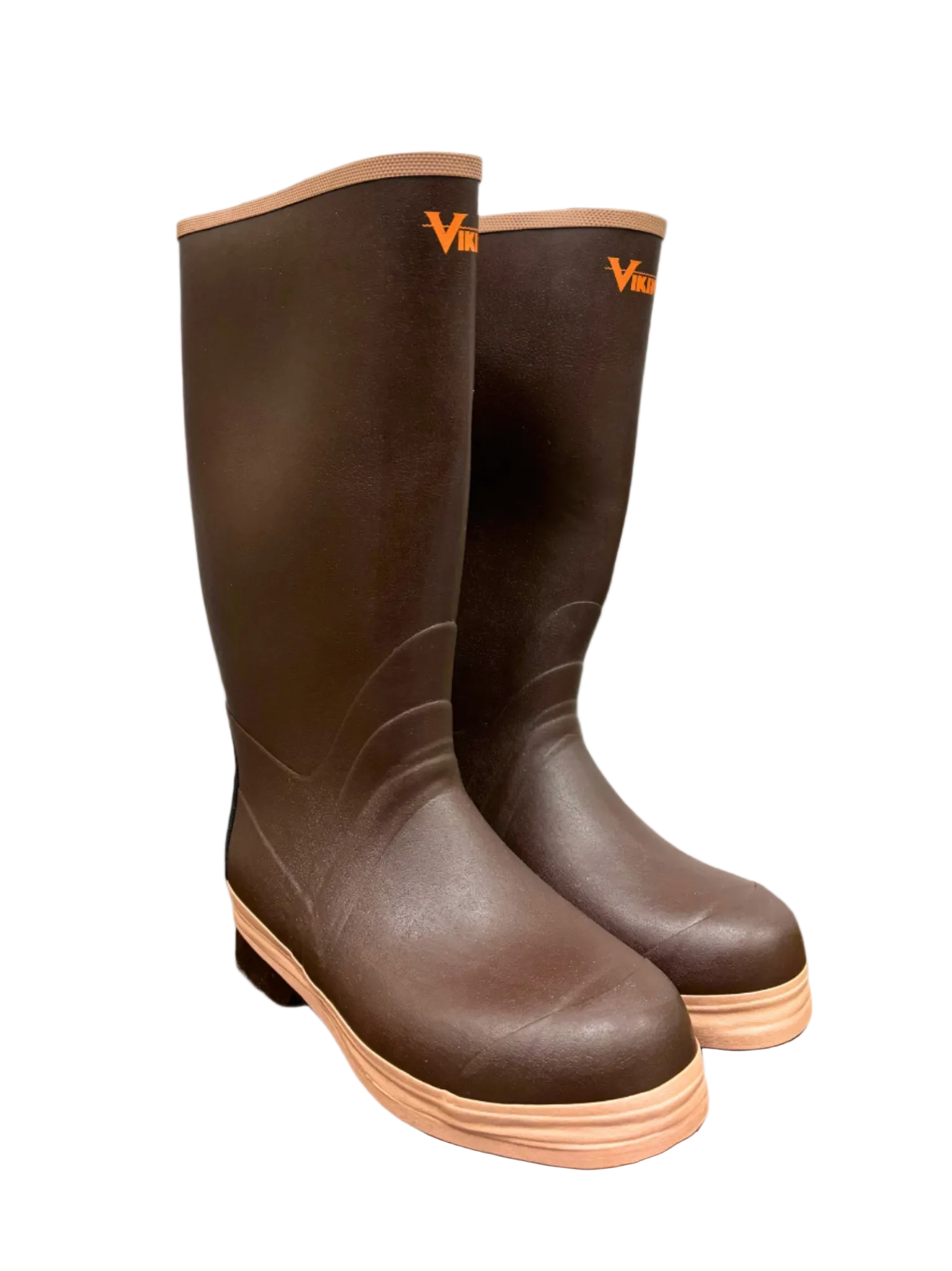 Brown rain boots and tan seam on top and sole. Small bright orange Viking logo an inch below top edge.