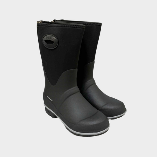 Pair of black rain boots with white soles on a light gray background