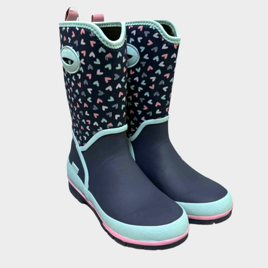Pair of navy blue rain boots with heart pattern and pink accents on a white surface.