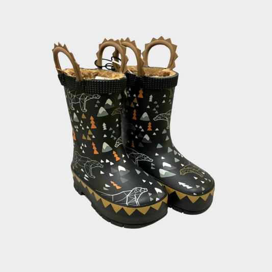 Pair of black rain boots with nature-themed pattern on a light gray background