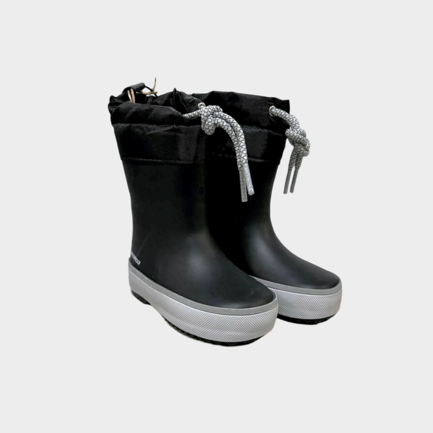 Black rain boots with laces on a white background