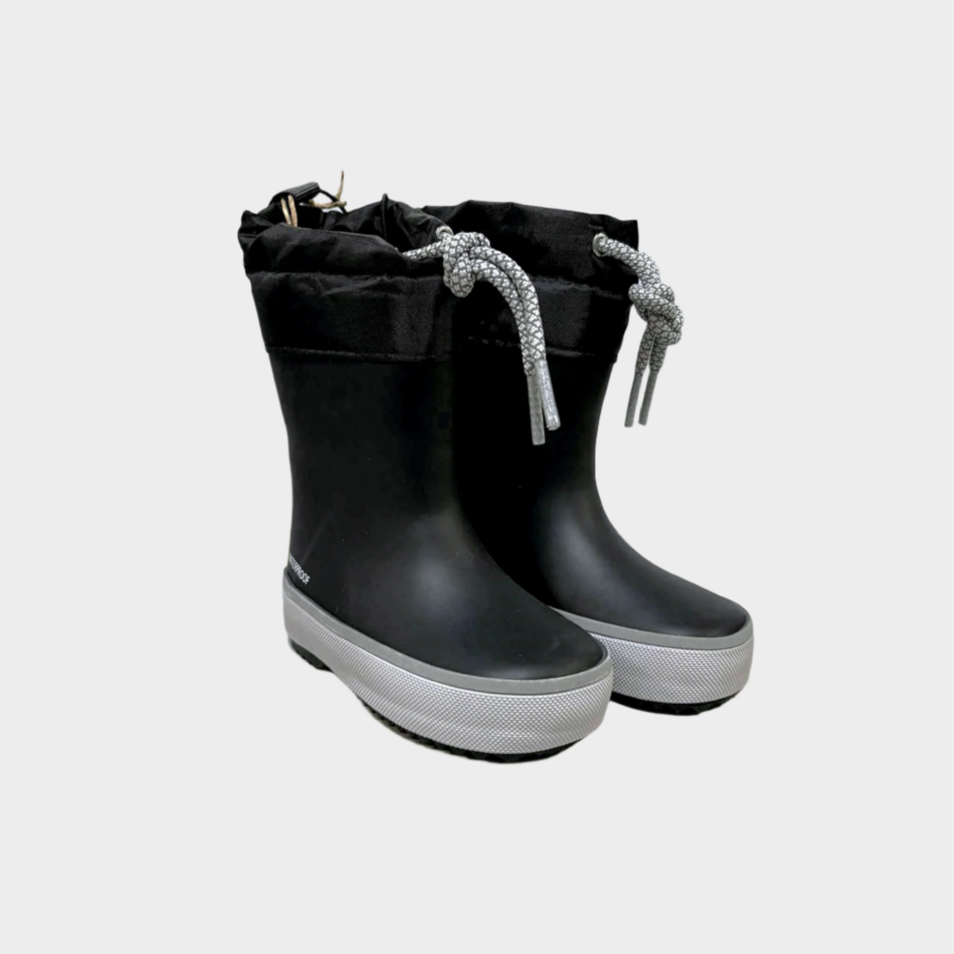 Black rain boots with laces on a white background