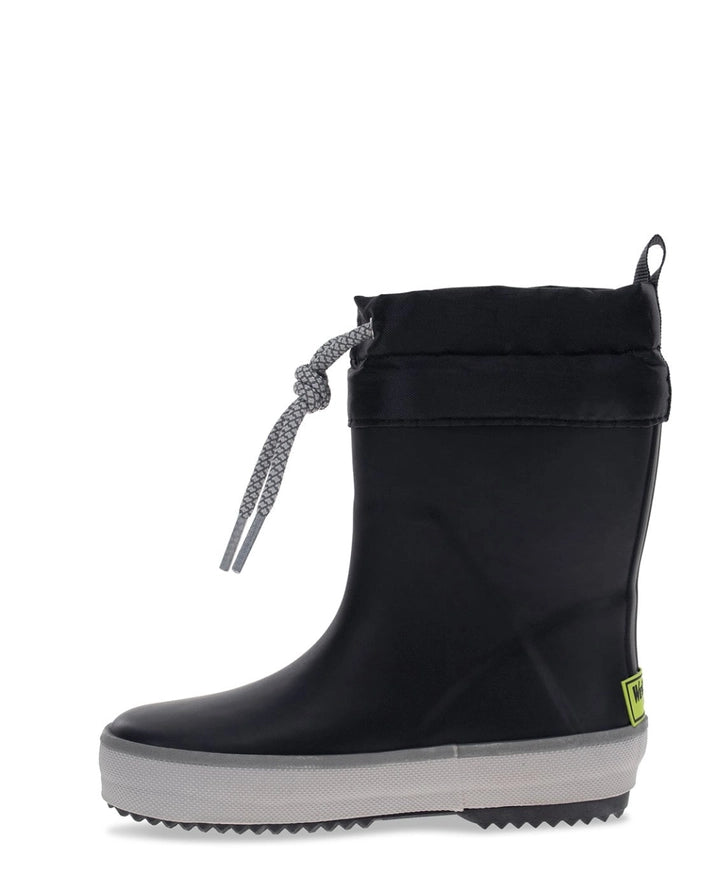 Black rain boot with gray sole on a white background