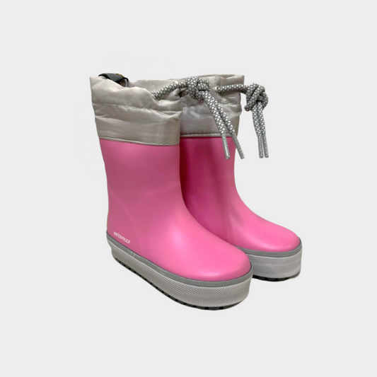 Pink rain boots with gray accents on a white background