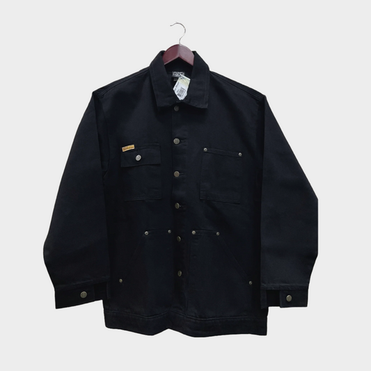 Mend denim trucker chore yard coat, metal button details. Two pockets on front each side.